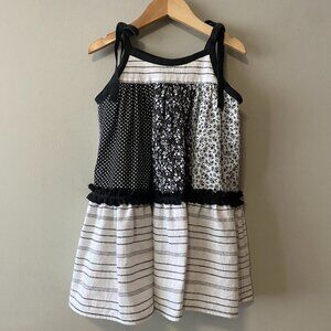 Handmade Children's Cotton Linen Black White Mixed Pattern Tie Strap Dress